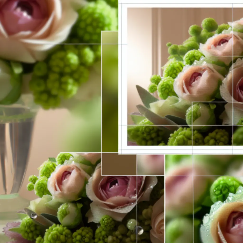 Közeli fotó egy elegáns virágkötészeti kompozíció részleteiről