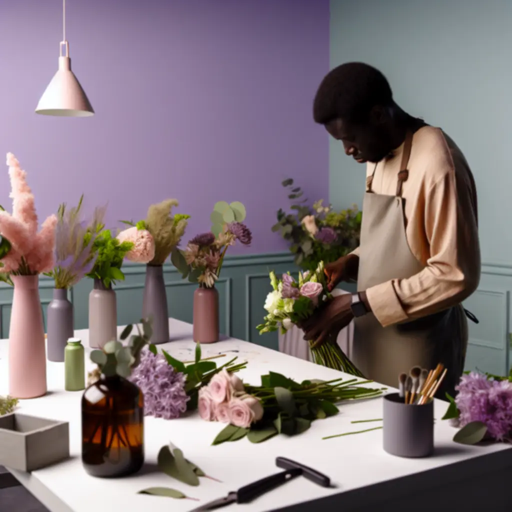 Tapasztalt virágkötő munka közben, finom részletekkel megkomponált virágcsokrot készít.