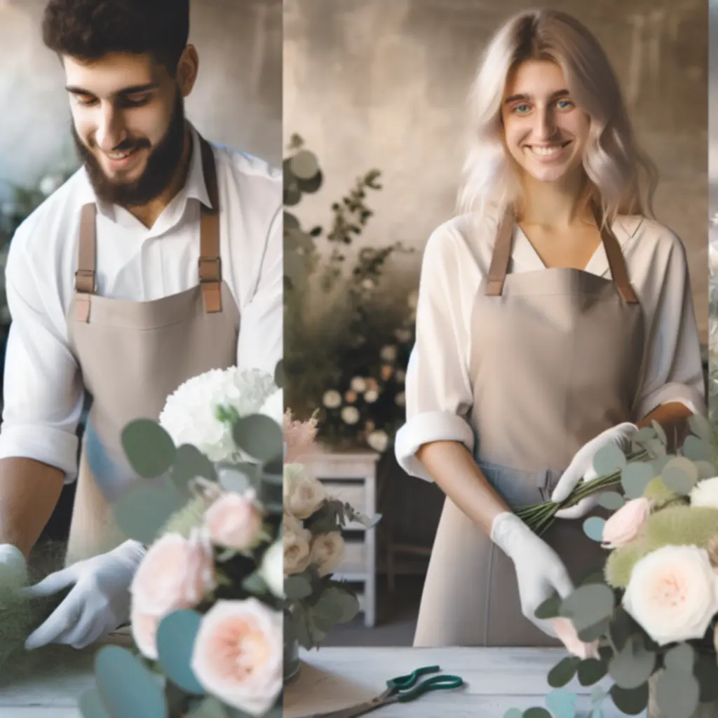 Floristák munkaközben, elegáns virágcsokrot készítenek a FloraaBloom műhelyben
