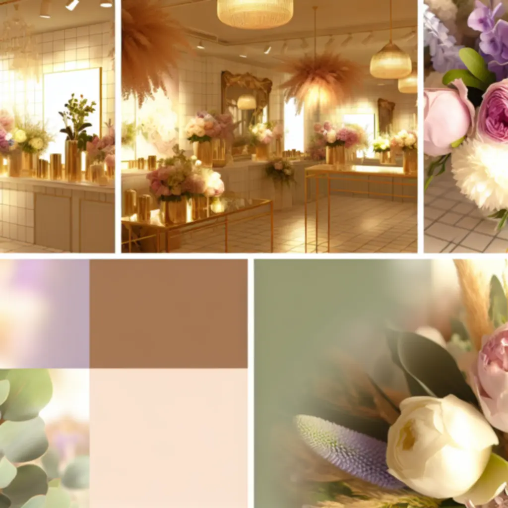 Elegáns, romantikus virágbolt belső tere lágy fényekkel és friss virágcsokrokkal