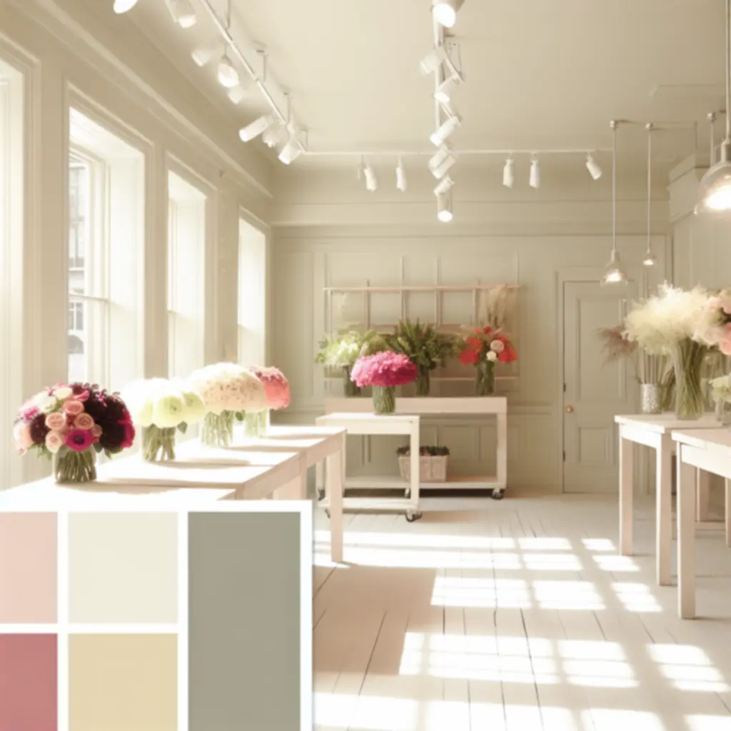 Világos, elegáns virágbolt enteriőr friss csokrokkal és finom pasztell színekkel