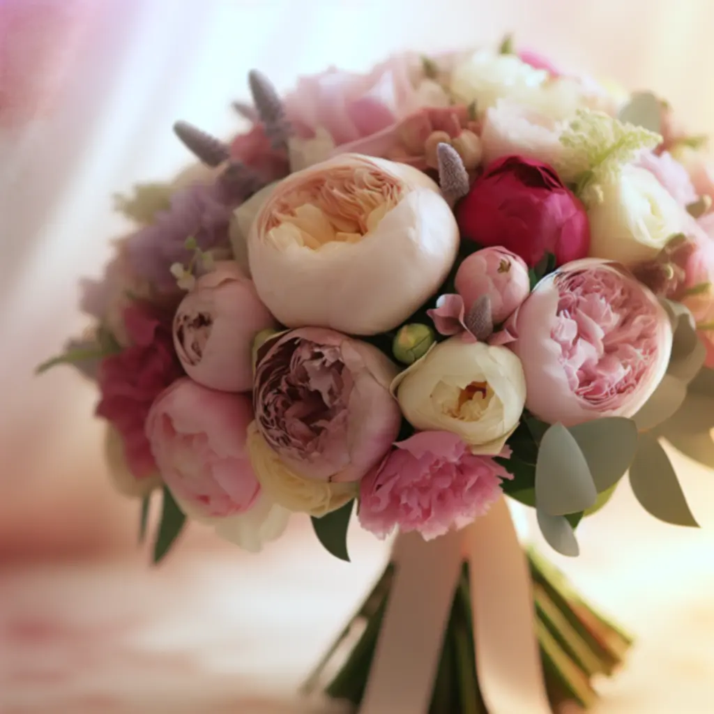 Romantikus virágcsokor közeli felvételen, pasztell árnyalatokkal és elegáns részletekkel.