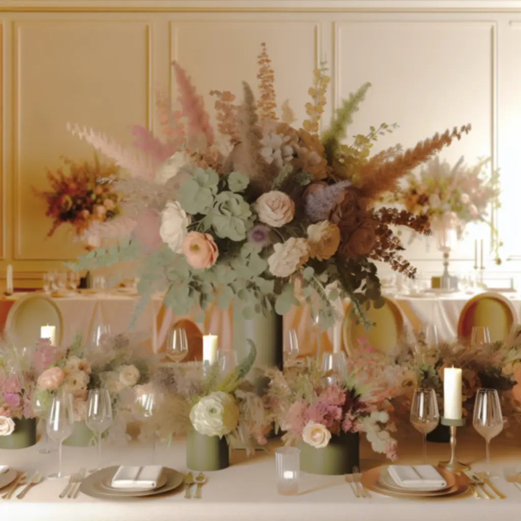 Szezonális virágkompozíció elegáns nappaliban, puha fényekkel.