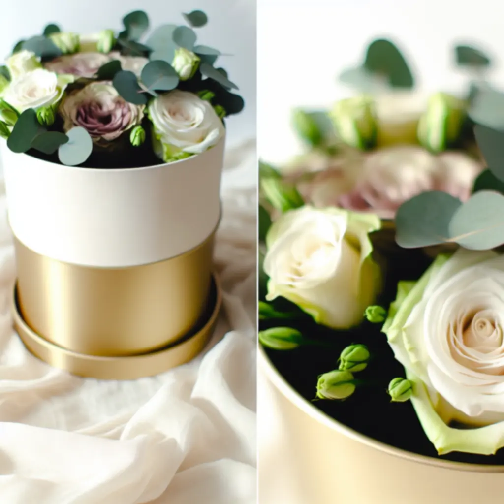 Elegáns, kerek virágdoboz romantikus virágkompozícióval